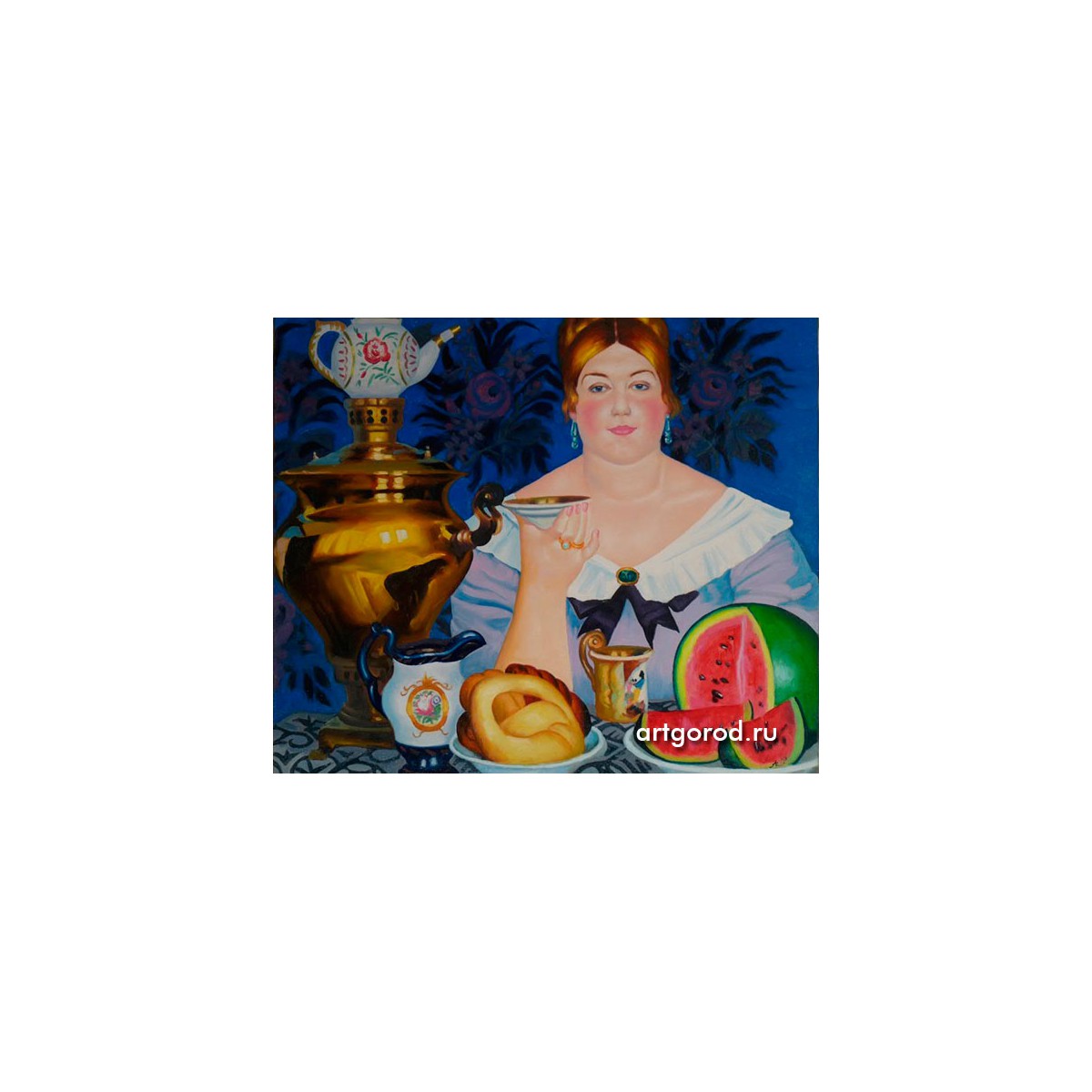 Картина Кустодиева Купчиха пьющая чай